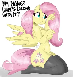 Size: 3000x3145 | Tagged: suggestive, artist:flutterthrash, derpibooru import, fluttershy, anthro, pegasus, g4, big breasts, breasts, busty fluttershy, casual nudity, clothes, dialogue, feet, female, high res, image, kneeling, nudity, png, sideboob, simple background, socks, solo, solo female, spread wings, stocking feet, stockings, strategically covered, thigh highs, white background, wings
