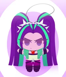 Size: 2517x2932 | Tagged: safe, alternate version, artist:batipin, derpibooru import, aria blaze, human, equestria girls, g4, abstract background, alternate character, ariabetes, chibi, cute, female, frown, furrowed brow, image, looking at you, plushie, png, solo, toy