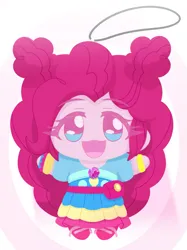 Size: 1957x2612 | Tagged: safe, alternate version, artist:batipin, derpibooru import, part of a set, pinkie pie, human, equestria girls, g4, 2d, alternate character, curly hair, female, geode of sugar bombs, image, magical geodes, open mouth, open smile, plushie, png, smiling, solo, toy
