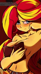 Size: 766x1363 | Tagged: suggestive, alternate version, artist:brendan d'vries, derpibooru import, sunset shimmer, human, equestria girls, g4, armpits, belly, belly button, big breasts, blushing, book, breasts, busty sunset shimmer, clothes, covering, covering breasts, female, frown, hand on cheek, image, jpeg, looking at you, meme, partial nudity, solo, solo female, textless, textless version, topless