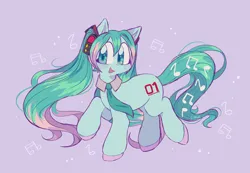 Size: 1982x1368 | Tagged: safe, artist:lemoocado, derpibooru import, ponified, earth pony, pony, :d, anime, bangs, clothes, colored hooves, cyan coat, female, full body, hatsune miku, headphones, hooves, image, looking at you, mare, music notes, necktie, open mouth, open smile, pigtails, png, purple background, purple hooves, shirtless shirt collar, signature, simple background, smiling, smiling at you, solo, tail, teal eyes, teal mane, teal tail, twintails, two toned mane, unshorn fetlocks, vocaloid, walking, wind, windswept mane, windswept tail, wingding eyes