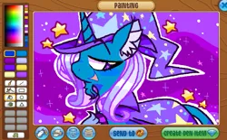 Size: 1613x1000 | Tagged: safe, artist:lemoocado, derpibooru import, trixie, classical unicorn, pony, unicorn, g4, :d, animal jam, art program in frame, aside glance, cape, chin fluff, clothes, cloven hooves, colored hooves, ear fluff, eyebrows, eyebrows visible through hair, female, hat, hoof on chest, hooves, horn, image, leonine tail, lidded eyes, looking at you, mare, open mouth, open smile, outline, pixel-crisp art, png, purple background, purple hooves, shiny hooves, side view, sideways glance, simple background, smiling, smiling at you, solo, sparkles, starry background, starry eyes, stars, tail, trixie's cape, trixie's hat, unshorn fetlocks, white outline, wingding eyes