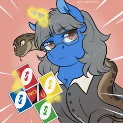 Size: 1600x1600 | Tagged: safe, artist:acry-artwork, derpibooru import, oc, oc:mint petal, unofficial characters only, pony, snake, unicorn, horn, image, jpeg, no u, playing card, solo, unicorn oc, uno, uno reverse card