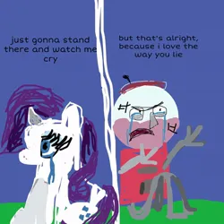 Size: 736x736 | Tagged: safe, derpibooru import, rarity, pony, unicorn, g4, 1000 hours in ms paint, benson, blue background, crossover, crossover shipping, crying, grass, gumball machine, horn, image, jpeg, love the way you lie (eminem feat. rihanna), regular show, shipping, simple background, song reference