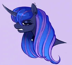 Size: 2500x2261 | Tagged: safe, artist:syrupyyy, derpibooru import, princess luna, alicorn, pony, g4, alternate hairstyle, angry, annoyed, black lipstick, bust, choker, chokerluna, collar, curved horn, ear piercing, earring, eyeshadow, female, floating head, goth, gothic, gradient mane, halftone, head, high res, horn, image, jewelry, lavender background, lidded eyes, lipstick, looking at you, makeup, mare, pentagram, piercing, png, portrait, scowl, scrunchy face, simple background, solo, spiked choker, tattoo, two toned mane