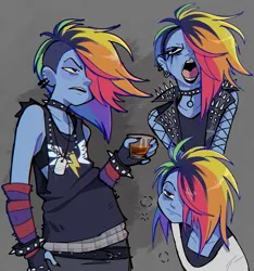 Size: 2424x2589 | Tagged: safe, artist:syrupyyy, derpibooru import, rainbow dash, human, equestria girls, g4, abstract background, alcohol, alternate design, alternate hairstyle, arm warmers, belt, black lipstick, bra, bracelet, choker, clothes, collar, drink, dyed hair, ear piercing, earring, female, fishnet clothing, frown, glass, hair over one eye, image, jacket, jewelry, leather, leather jacket, lipstick, makeup, multicolored hair, necklace, open mouth, painted nails, piercing, png, punk, rainbow hair, rainbow punk, running makeup, sharp nails, shirt, shot glass, solo, spiked choker, spiked collar, spiked wristband, t-shirt, tanktop, tired, triality, underwear, wristband