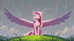 Size: 2560x1440 | Tagged: safe, ai content, artist:truekry, derpibooru import, generator:tponynai3, generator:wai-nsfw-illustrious-sdxl, machine learning assisted, prompter:truekry, princess cadance, alicorn, pony, g4, cloud, eyes closed, female, grass, horn, image, mare, outdoors, png, rain, sitting, solo, spread wings, wallpaper, wings