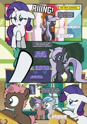 Size: 2482x3509 | Tagged: safe, artist:alexdti, derpibooru import, rarity, oc, oc:penumbra shard, earth pony, pony, unicorn, comic:how we met, g4, blank flank, colt, comic, earth pony oc, female, filly, filly rarity, floppy ears, foal, glasses, horn, image, indoors, male, mare, open mouth, png, raised hoof, unicorn oc, unshorn fetlocks, younger
