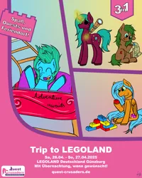 Size: 1920x2400 | Tagged: safe, artist:little gem, derpibooru import, oc, unofficial characters only, binoculars, duo, gradient background, image, jpeg, lego, open mouth, open smile, panel, panels, quest crusaders f. b.b.e. v., roller coaster, smiling, solo, text, treasure map