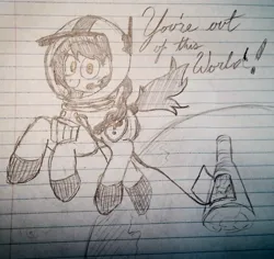 Size: 2230x2109 | Tagged: safe, artist:dhm, derpibooru import, oc, oc:anonfilly, pony, cursive writing, cute, female, filly, foal, image, jpeg, lined paper, looking at you, monochrome, motivational, orbit, pencil drawing, sketch, solo, space, spaceship, spacesuit, text, traditional art