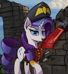 Size: 1600x1750 | Tagged: safe, artist:raritymylove, derpibooru import, rarity, pony, unicorn, g4, cap, chainsword, clothes, commissar, hat, horn, image, jacket, laspistol, looking at you, magic, png, solo, sword, warhammer (game), warhammer 40k, weapon