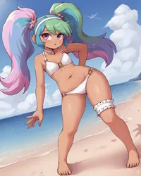 Size: 1024x1280 | Tagged: safe, ai content, machine learning generated, prompter:anonymous, princess celestia, human, beach, bikini, clothes, female, garter, humanized, image, pigtails, png, pose, solo, solo female, swimsuit, underage, younger, younger celestia