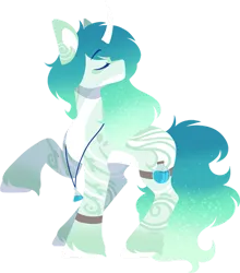 Size: 839x952 | Tagged: safe, artist:chrzaan, derpibooru import, oc, unofficial characters only, pony, unicorn, curved horn, digital art, eyes closed, horn, image, jewelry, lineless, necklace, no mouth, no nose, png, raised hoof, simple background, solo, unicorn oc, unshorn fetlocks, white background, white hooves, white horn