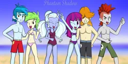 Size: 2400x1200 | Tagged: safe, alternate version, artist:phantomshadow051, derpibooru import, cherry crash, crimson napalm, mystery mint, sugarcoat, thunderbass, valhallen, human, equestria girls, g4, armpits, background human, belly, belly button, bikini, clothes, image, midriff, missing accessory, nudity, one-piece swimsuit, partial nudity, png, swimsuit, thunderstruck (band), topless, watermark