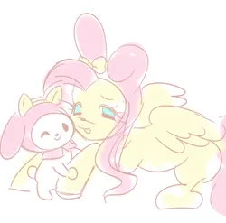 Size: 542x535 | Tagged: safe, artist:xxk1ttyl1tterxx, derpibooru import, fluttershy, pegasus, pony, g4, :3, blush scribble, bow, closed mouth, crossover, cyan eyes, doodle, duo, duo female, eyebrows, fake ears, feathered wings, female, hat, hat bow, hug, image, looking at you, lying down, mare, my melody, no pupils, nose blush, one eye closed, open mouth, open smile, pale color, png, prone, sanrio, simple background, smiling, smiling at you, three quarter view, white background, wings, wink, winking at you