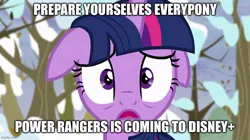 Size: 888x499 | Tagged: safe, derpibooru import, edit, edited screencap, screencap, twilight sparkle, twilight sparkle (alicorn), alicorn, g4, tanks for the memories, disney plus, floppy ears, image, jpeg, my little pony, power rangers, snow, solo, winter is coming