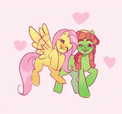 Size: 2655x2475 | Tagged: safe, artist:xxk1ttyl1tterxx, derpibooru import, fluttershy, tree hugger, earth pony, pegasus, pony, g4, ;3, afterimage, bandana, bushy brows, colored eyebrows, dreadlocks, duo, duo female, eyebrows, feathered wings, female, flapping, flapping wings, flying, full body, green eyes, head tilt, heart, heart background, high res, image, jpeg, lesbian, looking at each other, looking at someone, mare, motion lines, narrowed eyes, no pupils, one eye closed, open mouth, open smile, pink background, ship:flutterhugger, shipping, simple background, smiling, smiling at each other, spread wings, three quarter view, walking, wings, wink