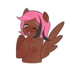 Size: 654x592 | Tagged: safe, artist:xxk1ttyl1tterxx, derpibooru import, oc, unofficial characters only, pegasus, pony, ;3, blush lines, blushing, brown coat, bust, colored eyebrows, eyebrows, facial markings, feathered wings, green eyes, heart, hooves to the chest, image, looking at you, narrowed eyes, no pupils, nose blush, one eye closed, open mouth, open smile, pegasus oc, pink mane, png, requested art, short mane, simple background, smiling, smiling at you, solo, three quarter view, two toned mane, white background, wings, wink, winking at you