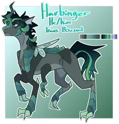 Size: 1033x1082 | Tagged: safe, artist:honkhonkbonk, derpibooru import, oc, oc:harbinger, changeling, hybrid, bisexual, image, interspecies offspring, male, multiple limbs, offspring, palette, parent:discord, parent:queen chrysalis, parents:discolis, png, pronouns, reference sheet, solo, transgender