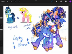 Size: 2048x1536 | Tagged: safe, artist:sonira24, derpibooru import, high winds, sunshine smiles, oc, oc:lofty sheen, unofficial characters only, pegasus, pony, unicorn, g4, art program in frame, aviator goggles, clothes, female, fusion, goggles, goggles on head, horn, image, jpeg, mare, uniform, unshorn fetlocks, wonderbolts uniform