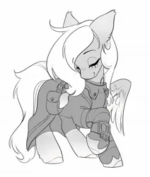 Size: 1738x2048 | Tagged: safe, artist:opalacorn, derpibooru import, oc, oc:quillwright, unofficial characters only, pegasus, fallout equestria, blushing, ear fluff, fallout equestria: of shadows, fanfic art, image, jpeg, missing wing, monochrome, pegasus oc, pipbuck, raised leg, scribe, simple background, solo, steel ranger, white background, wings