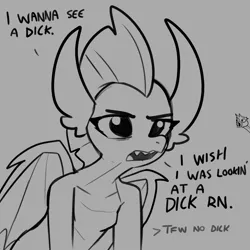 Size: 1500x1500 | Tagged: suggestive, artist:tjpones, derpibooru import, gallus, smolder, anthro, dragon, gryphon, g4, breasts, dialogue, dragoness, duo, duo male and female, female, female focus, gray background, grayscale, image, lidded eyes, lizard breasts, male, monochrome, open mouth, png, poggers, simple background, small breasts, solo focus