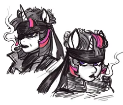 Size: 1173x1006 | Tagged: safe, artist:nire, derpibooru import, twilight sparkle, pony, unicorn, g4, bandana, big boss, cigar, cigarette, clothes, doodle, eyepatch, frown, horn, image, jpeg, metal gear, metal gear solid, military uniform, monochrome, naked snake, older, older twilight, sketch, smoking, solid snake, uniform