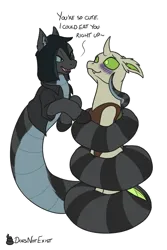 Size: 2000x3000 | Tagged: safe, artist:theandymac, derpibooru import, oc, oc:copycat, oc:ragna, changedling, changeling, original species, snake, snake pony, blushing, changedling oc, changeling oc, coiling, coils, ear piercing, flirting, image, lip piercing, piercing, png, simple background, snake pony oc, transparent background