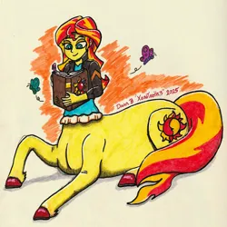 Size: 1024x1023 | Tagged: safe, artist:xenoteeth3, derpibooru import, sunset shimmer, butterfly, centaur, insect, taur, equestria girls, g4, clothes, cyan eyes, diary, dress, eqgtaur, female, image, jpeg, looking down, reading, simple background, smiling, solo, solo female, tail, traditional art, two toned hair, two toned tail, yellow coat, yellow skin