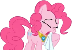 Size: 3616x2520 | Tagged: safe, derpibooru import, edit, edited screencap, editor:mrtoonlover83, screencap, pinkie pie, earth pony, pony, g4, background removed, element of laughter, eyes closed, female, handkerchief, high res, image, mare, not a vector, open mouth, png, simple background, solo, transparent background, upscaled