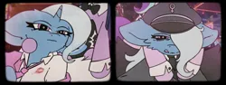 Size: 2768x1038 | Tagged: safe, artist:tamers12345, derpibooru import, starlight glimmer, trixie, twilight sparkle, oc, oc:marionette lulamoon, pony, unicorn, g4, animal costume, bunny costume, clothes, costume, female, horn, image, kiss mark, lesbian, lipstick, my little pony the movie: the death of trixie lulamoon, png, shipping, twixie