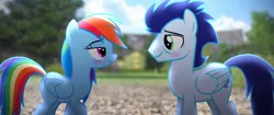 Size: 1272x532 | Tagged: safe, artist:george garza productions, derpibooru import, rainbow dash, soarin', pegasus, pony, g4, blushing, female, image, jpeg, looking at each other, looking at someone, male, mare, shipping, soarindash, stallion, straight