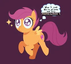 Size: 1637x1485 | Tagged: safe, artist:horsemoment, derpibooru import, scootaloo, pegasus, pony, g4, big eyes, feathered wings, female, filly, foal, full body, image, kissy face, lineless, minecraft, o3o, png, purple background, simple background, small wings, solo, sparkles, thinking, thought bubble, three quarter view, walking, wings