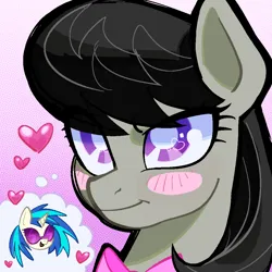 Size: 1010x1010 | Tagged: safe, artist:horsemoment, derpibooru import, octavia melody, vinyl scratch, earth pony, pony, unicorn, g4, :d, blush lines, blush sticker, blushing, bowtie, bust, close-up, closed mouth, colored lineart, female, floating heart, gradient background, heart, heart eyes, horn, image, in love, lesbian, looking at you, mare, open mouth, open smile, png, portrait, requested art, scratchtavia, shipping, smiling, smiling at you, solo, sunglasses, thinking, thought bubble, three quarter view, vinyl's glasses, white pupils, wingding eyes