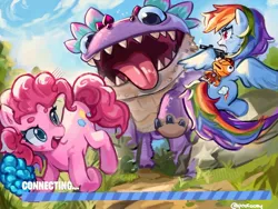 Size: 1080x810 | Tagged: safe, artist:profocey, derpibooru import, pinkie pie, rainbow dash, pony, g4, fortnite, gun, image, jpeg, klomberry, klombo, loading, loading screen, weapon