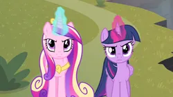 Size: 1280x720 | Tagged: safe, derpibooru import, screencap, princess cadance, twilight sparkle, twilight sparkle (alicorn), alicorn, pony, g4, season 4, three's a crowd, alicorn horn, blue magic, cadance's crown, colored wings, duo, duo female, female, females only, folded wings, glow, glowing horn, horn, image, jewelry, long horn, long mane, long tail, looking at someone, looking at you, looking up, magic, magic aura, mare, my little pony, pink magic, png, serious, sisters-in-law, tail, telekinesis, three toned mane, three toned tail, two toned mane, two toned tail, two toned wings, wings, wings down