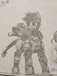 Size: 964x1280 | Tagged: safe, artist:egogosha125, derpibooru import, cyborg, cyborg pony, pony, robot, detailed, image, jpeg, pencil drawing, traditional art, weapon