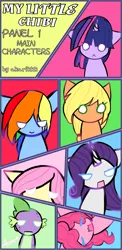 Size: 2002x4096 | Tagged: safe, artist:milochanz!, derpibooru import, applejack, fluttershy, pinkie pie, rainbow dash, rarity, spike, twilight sparkle, dragon, earth pony, pegasus, pony, unicorn, g4, bust, chibi, cute, female, glow, glowing eyes, high res, horn, image, male, mane seven, mane six, png