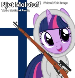 Size: 1194x1242 | Tagged: safe, artist:edy_january, artist:tharn666, derpibooru import, editor:edy_january, twilight sparkle, pony, unicorn, g4, album, album cover, eurobeat, eurobeat brony, finland, flag, flag of finland, flok songs, gun, horn, image, mosin nagant, njet molotoff (songs of finland), png, rifle, simo häyhä, simple background, sniper, sniper rifle, solo, turbo, weapon, winter war