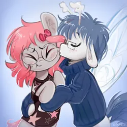 Size: 2100x2100 | Tagged: safe, artist:krista-21, derpibooru import, oc, oc:krista pebble, oc:shoosha, unofficial characters only, changeling, earth pony, ><, blushing, bow, bug and stone, changeling oc, clothes, cute, duo, duo male and female, eyes closed, female, freckles, glasses, hair bow, hug, image, insect wings, kissing, male, png, shirt, t-shirt, wings