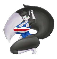 Size: 1076x1123 | Tagged: suggestive, alternate version, artist:uni-star, derpibooru import, oc, oc:blue (princebluemoon3), abyssinian, anthro, abyssinian oc, barely pony related, big breasts, breasts, busty oc, cape verde, clothes, female, huge breasts, image, one-piece swimsuit, passepartout, paws, png, rule 63, solo, swimsuit
