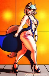 Size: 792x1224 | Tagged: suggestive, artist:dekomaru, derpibooru import, coco pommel, anthro, earth pony, pony, unguligrade anthro, g4, bedroom eyes, breasts, busty coco pommel, clothes, dress, ear piercing, earring, female, high heels, hooped earrings, image, jewelry, jpeg, lipstick, looking at you, mare, no underwear, piercing, shoes, sideboob, skimpy outfit, smiling, smiling at you, solo, solo female, thighs, thunder thighs