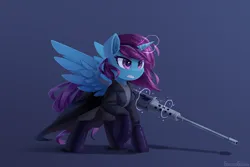 Size: 3600x2400 | Tagged: safe, artist:emeraldgalaxy, derpibooru import, oc, oc:raven drake, unofficial characters only, alicorn, pony, alicorn oc, browning m2, commission, female, glow, glowing horn, gun, horn, image, machine gun, mare, png, solo, spread wings, weapon, wings