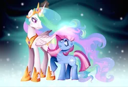 Size: 2048x1382 | Tagged: safe, artist:a-gang-of-hoodedcrow, derpibooru import, princess celestia, star swirl, alicorn, earth pony, pony, g4, chest fluff, duo, duo female, female, glow, glowing horn, hoof shoes, horn, image, jewelry, jpeg, looking up, magic, magic aura, mare, peytral, princess shoes, raised hoof, stars, tail, tiara, unshorn fetlocks, wings