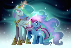 Size: 2048x1382 | Tagged: safe, alternate version, artist:a-gang-of-hoodedcrow, derpibooru import, princess celestia, star swirl, alicorn, earth pony, pony, g4, chest fluff, duo, duo female, female, glow, glowing horn, hoof shoes, horn, image, jewelry, jpeg, looking up, magic, magic aura, mare, peytral, princess shoes, raised hoof, stars, tail, tiara, unshorn fetlocks, wings