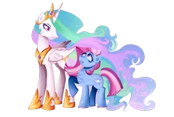 Size: 2048x1382 | Tagged: safe, alternate version, artist:a-gang-of-hoodedcrow, derpibooru import, princess celestia, star swirl, alicorn, earth pony, pony, g4, chest fluff, duo, duo female, female, hoof shoes, horn, image, jewelry, looking up, mare, peytral, png, princess shoes, raised hoof, simple background, stars, tail, tiara, transparent background, unshorn fetlocks, wings