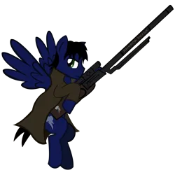 Size: 2100x2100 | Tagged: safe, artist:raritykaiba, derpibooru import, oc, oc:sharpshooter, unofficial characters only, pegasus, pony, fallout equestria, branded, clothes, coat, cutie mark, dashite, dashite brand, flying, gun, image, looking at you, male, male oc, pegasus oc, png, rainbow smash, rifle, simple background, sniper rifle, solo, spread wings, stallion oc, transparent background, weapon, wings