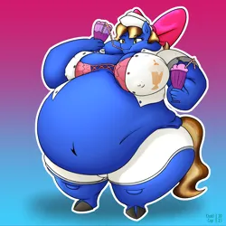 Size: 2300x2300 | Tagged: safe, artist:khaki-cap, derpibooru import, oc, oc:sundae shake, unofficial characters only, anthro, earth pony, anthro oc, belly, big belly, bow, chubby, chubby cheeks, clothes, commission, commissioner:refund-check, earth pony oc, fat, fat fetish, fetish, food, gradient background, image, morbidly obese, obese, png, shorts, solo, straw, sundae, wide hips, wobbling