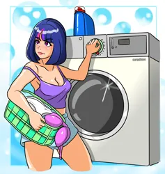 Size: 3651x3844 | Tagged: safe, artist:carpdime, derpibooru import, twilight sparkle, human, g4, bra, clothes, humanized, image, laundry, laundry basket, panties, png, solo, underwear, washing, washing machine