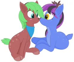 Size: 6912x5768 | Tagged: safe, artist:modera, derpibooru import, oc, oc:jora asters, oc:lil secret, unofficial characters only, deer, antlers, bandana, duo, hairband, image, kissing, png, simple background, sitting, smiling, white background